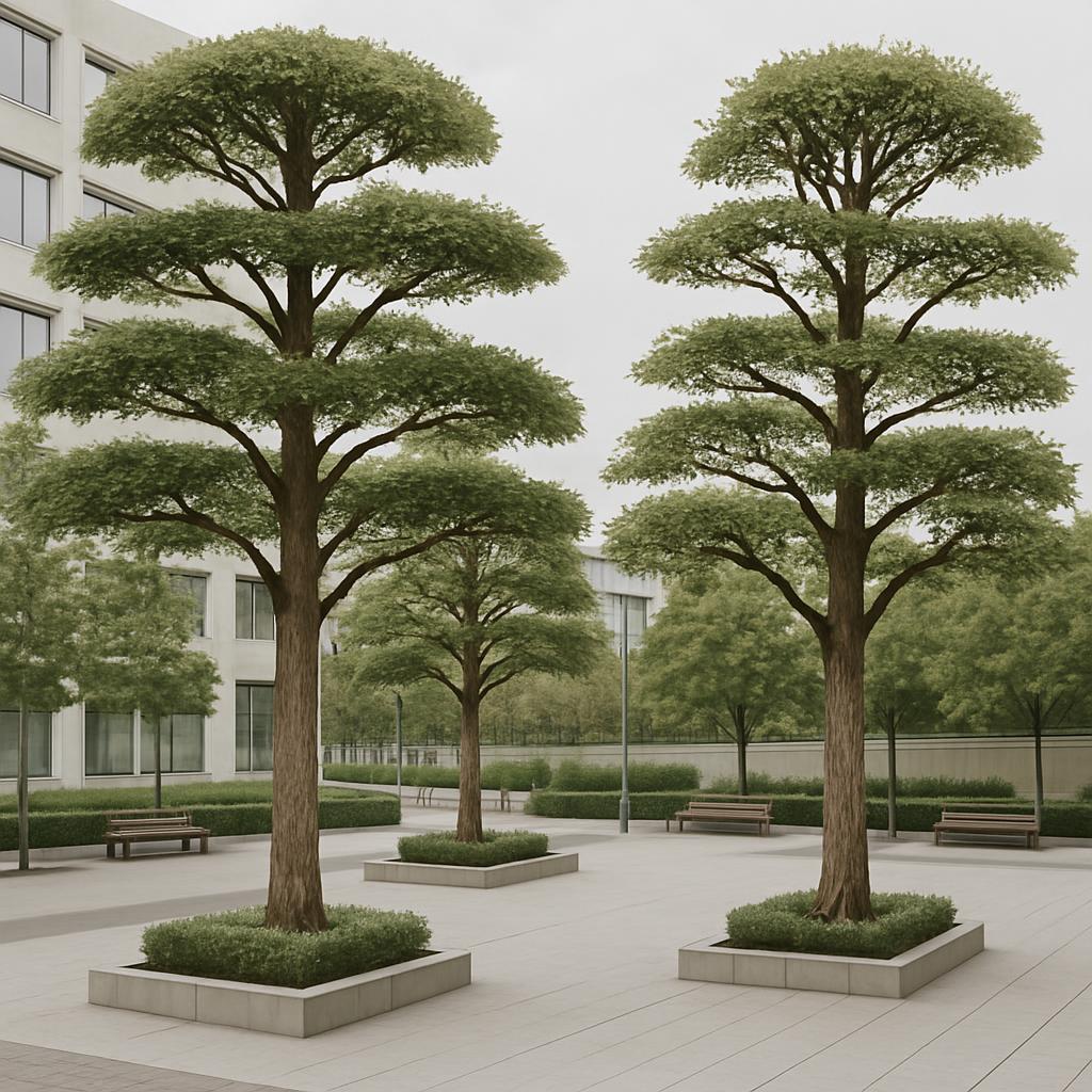 This image depicts a tranquil urban plaza featuring six trees arranged on a central walkway, surrounded by lined benches a...
